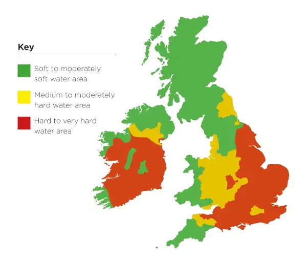 Map showing hard water areas in the UK.